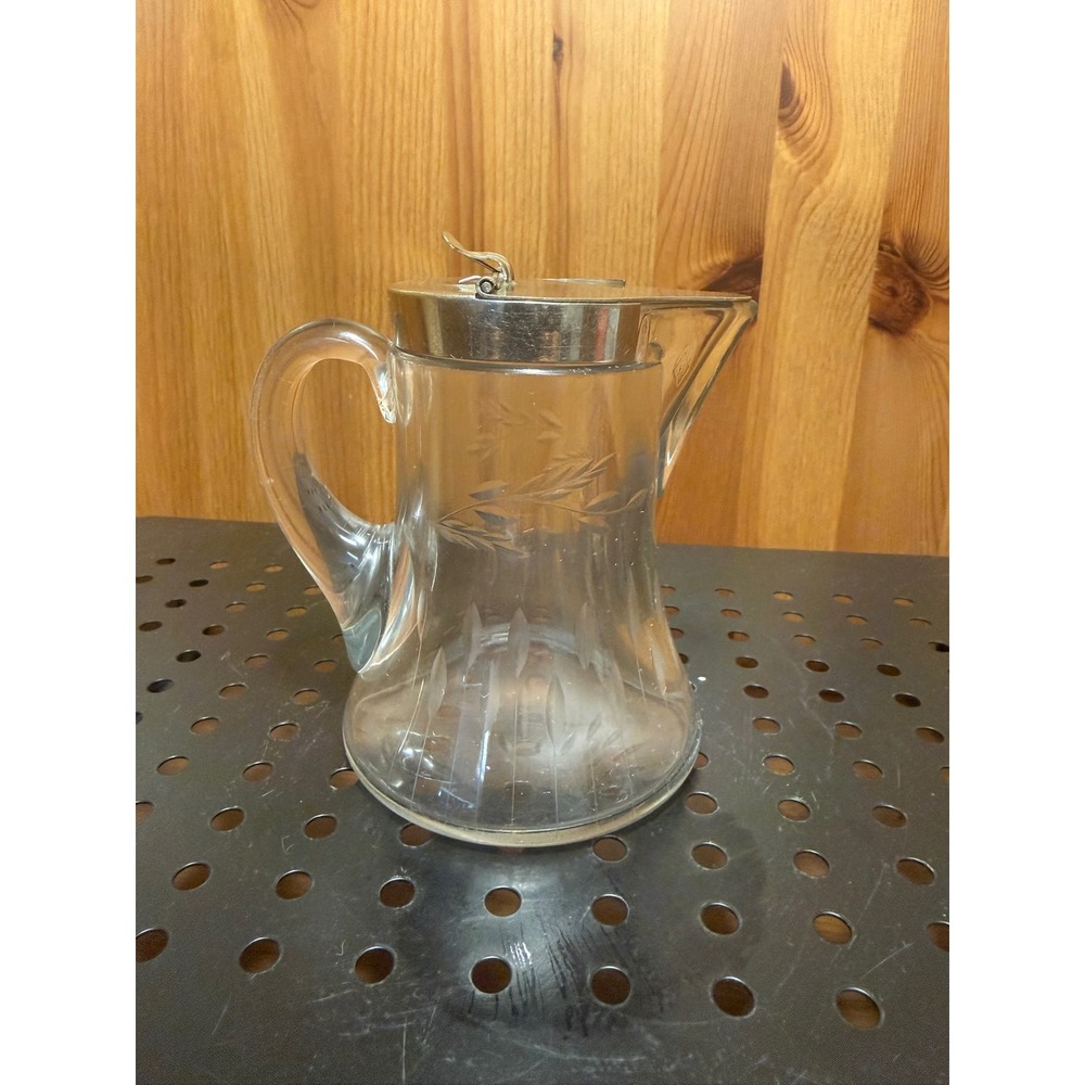 Vintage Etched Glass Syrup Pitcher Dispenser Metal Flip Lid 4.25" Tall